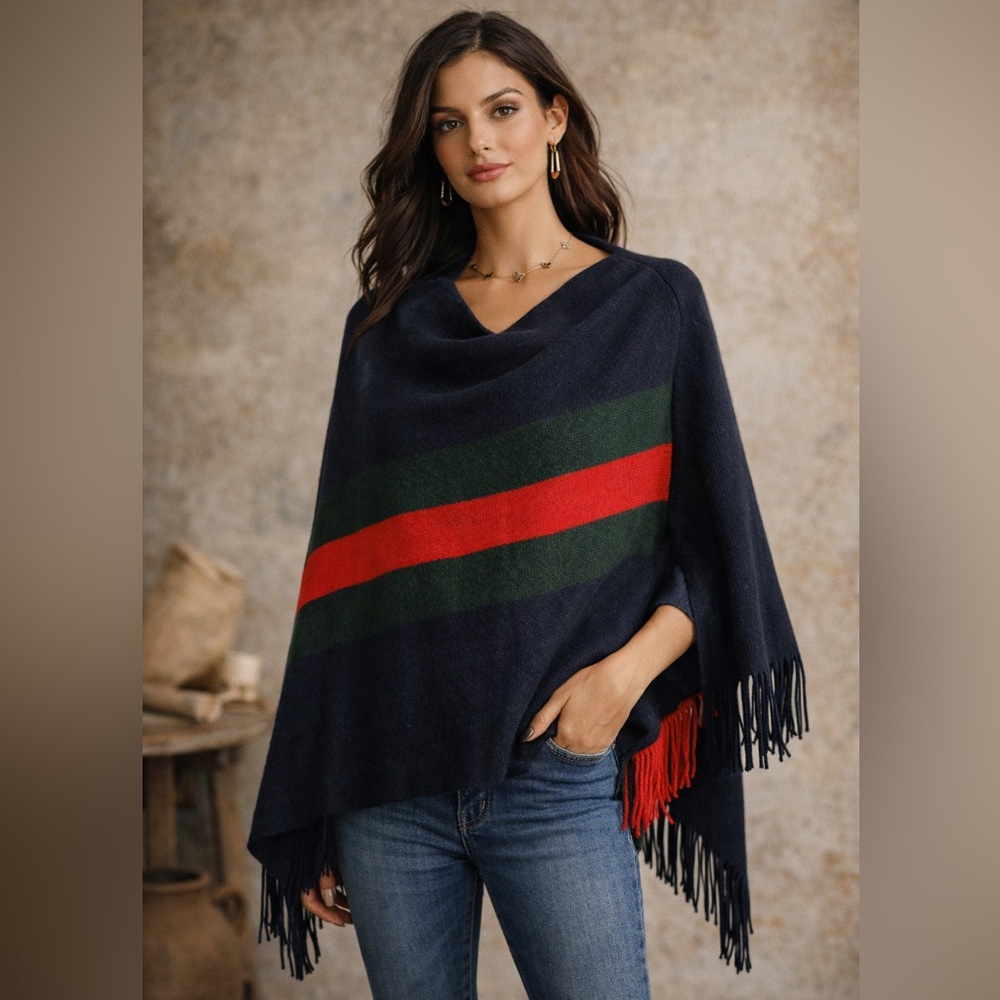 NWOT Wool Poncho Navy/Green/Red OS